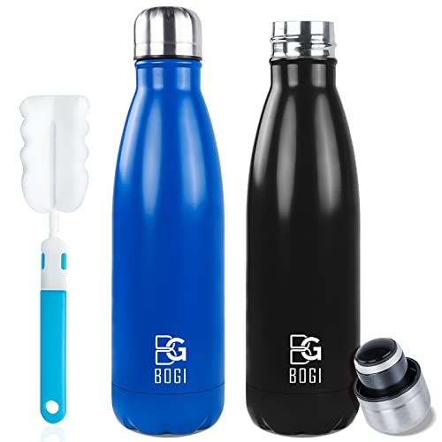 BOGI Insulated Water Bottle, 17oz 2 Pack Stainless Steel Water Bottles, Leak Proof Sports Metal Water Bottles Keep Drink Cold for 24 Hours and Hot for 12 Hours BPA Free kids water bottle for School - color: 2 Pack-Dark Blue + Black, size: 17 Ounces