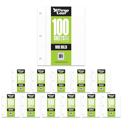 THREE LEAF 100 SHEETS WIDE RULED FILLER PAPER, PACK OF 12, LOOSE-LEAF SHEETS FOR SCHOOL AND OFFICE 100 CT. FILLER PAPER, NOTEBOOK PAPER - color: Wide Ruled, size: Pack of 12
