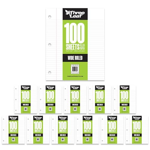 THREE LEAF 100 SHEETS WIDE RULED FILLER PAPER, PACK OF 12, LOOSE-LEAF SHEETS FOR SCHOOL AND OFFICE 100 CT. FILLER PAPER, NOTEBOOK PAPER - color: Wide Ruled, size: Pack of 12