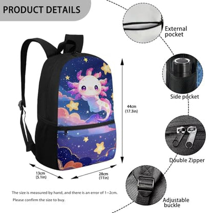 Galaxy Axolotl 5 Piece School Backpack Set for Girls and Boys with Lunch Bag Pencil Case and Water Bottle Carrier Large Capacity Bookbag - color: Galaxy Axolotl