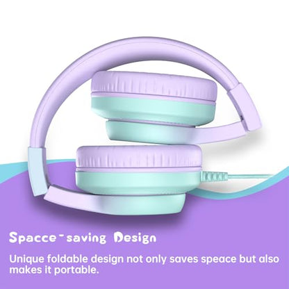 Candy Bila Kids Headphones, Wired Headphones for Kids Over Ear with Microphone, Foldable Headphone for Learning & Entertainment, Gradient Purple - color: Light Purple
