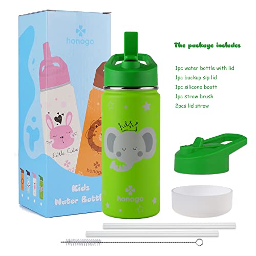 16 oz Stainless Steel Insulated Kids Water Bottle, Leak Proof Metal Thermal Flask with Straw lid, Cute Toddler Tumbler Cup for School Girls & Boys (Green, Elephant) - color: Green, Elephant