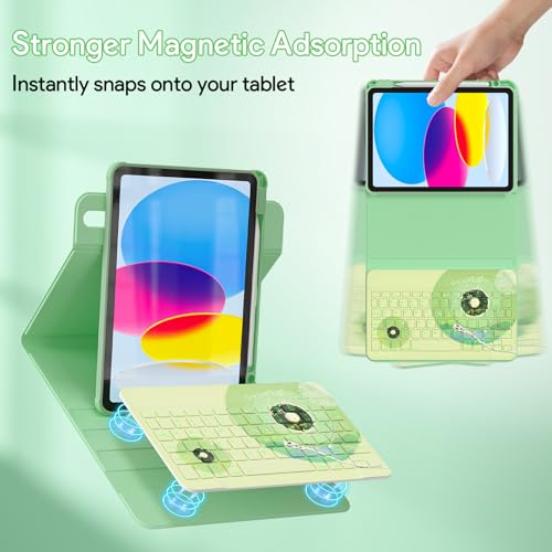YBING Keyboard Case for iPad 10th Gen 10.9 inch (2022) & 11th Gen (A16, 2025), Bluetooth Wireless Detachable Keyboard with Green Music Painted Patterns, 360 Rotatable Magnetic Case with Pencil Holder - color: Music Green