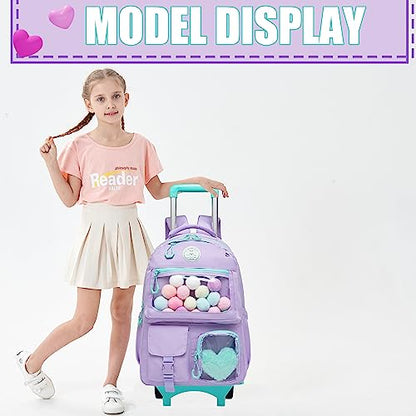 Rolling Backpack for Girls Kids Backpack with Wheels Backpacks for Elementary with Lunch Box Pencil Case Trolley Luggage - color: Purple