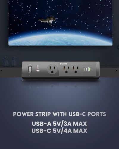 PLUGTUL Desk Clamp Power Strip 6FT, Outlet Station with 3 Outlets, PD 20W Fast Charging, Flat Plug, 14 Gauge, 980J Surge Protector, Black Power Strip with USB C, Fit 1.72" Tabletop Edge - size: 6FT