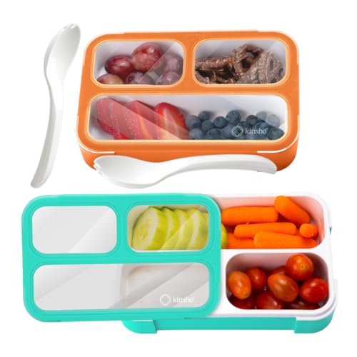 Small Snack Containers for Kids Toddlers - 3 Compartments (Set of 2) - Leak-Proof Reusable Boxes with Lids - BPA-Free Plastic Mini Bento Lunch Box - Ideal for School, Holds 2 Cups (Teal Blue+Orange) | 3 Compartments, Leak-Proof, Spill Proof, BPA-Free Reus