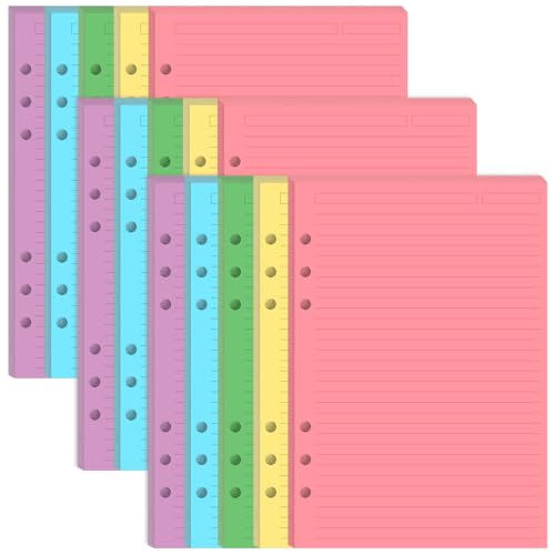 (3-Pack) 6-Hole Paper Refills for A5 Binders - 5 Colorful Line Paper, 300 Sheets/600 Pages Loose Leaf Papers for Filofax Planner, Per Color 20 Sheets, 5.8" x 8.25" - size: 300 Sheets, style: 6-Hole
