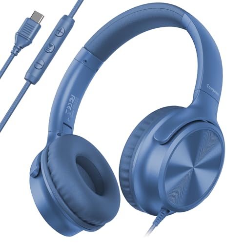 Cowyawn USB C Headphones Wired, Over Ear USB C Wired Headphones with Microphone, Volume Control, HD Stereo Sound, Foldable USB Type C Headphone for Adult/Teens/Laptop/Computer/iPhone 15/16/17, Blue - color: Blue