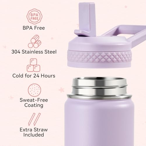 Fijinhom 12 oz Toddler Bottle, 2 Pack Kids Water Bottle for School Boys & Girls with Straws Lids, 304 Stainless Steel Vacuum Insulated Thermos, BPA-Free, Pink + Purple - color: AA.Pink & Purple