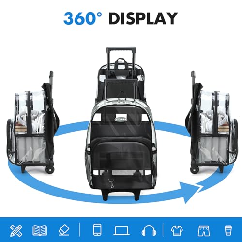 Rolling Clear Backpack Heavy Duty, 3-Stage Telescopic Handle Transparent Bookbag with wheels, See Through Backpack for College, Work, Travel