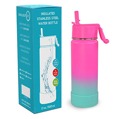 CHILLOUT LIFE 17oz Kids Insulated Stainless Steel Water Bottle with Leak Proof Straw Lid & 144 Stickers - color: Frozen Slushy, style: 17 oz