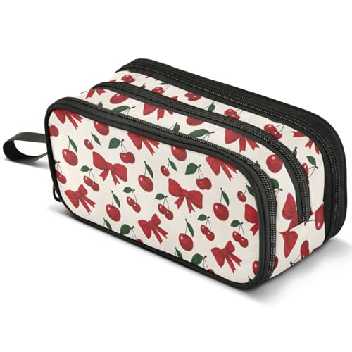 ALAZA Red Cherry Bow Pattern Large Pencil Case, Pen Pouch Pencil Bag with 3 Compartments Pen Holder Organizer Stationery Bag - color: Cherry Bow
