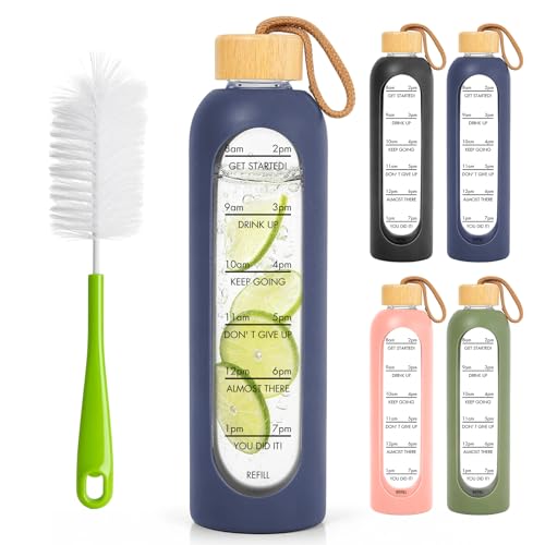 32 OZ Glass Water Bottles, Borosilicate Glass Bottle with Time Marker, 1 Liter Leak Proof Reusable BPA Free Motivational Water Bottles with Silicone Sleeve and Bamboo Lid (Blue) - color: Blue
