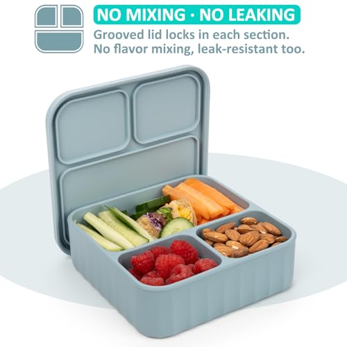 Silicone Bento Box Adult Lunch Container, 3 Compartment Container, Food Grade Silicone Bento Lunch Box for Work Travel Meal Prep, Leak-proof Food Storage Container（1 Pack Nile Blue） - color: Nile Blue | 32oz | 3-Compartment
