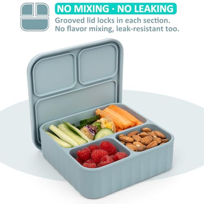 Silicone Bento Box Adult Lunch Container, 3 Compartment Container, Food Grade Silicone Bento Lunch Box for Work Travel Meal Prep, Leak-proof Food Storage Container（1 Pack Nile Blue） - color: Nile Blue | 32oz | 3-Compartment
