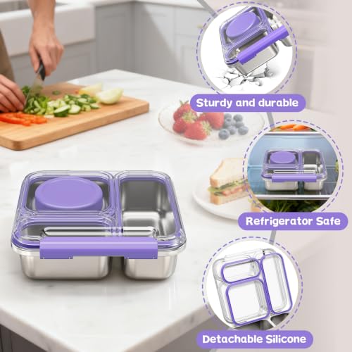 Pawtong Stainless Steel Bento Box Kids Adult with 7oz Insulated Food Jar, Transparent Lid Metal Lunch Box With Soup Thermal Jar, Lunch Box Container with Removable Divider & Sauce Cup School (Purple) - color: Purple