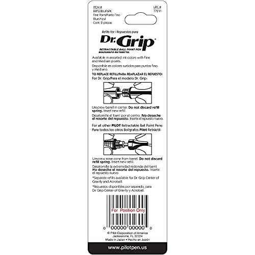 Pilot Dr. Grip 볼펜 부드러운 필기 펜용 리필, 파인 포인트, 블루 잉크, 0.7mm, 2팩 - color: 블루., style: 미세(0.7mm)