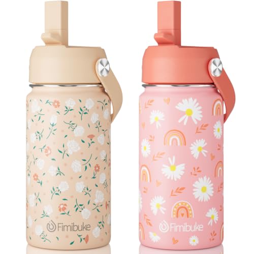 Fimibuke Kids Insulated Water Bottle, 14oz BPA FREE Double Wall Vacuum Tumbler 18/8 Stainless Steel Leak Proof Kids Cups with Straw Metal Water Bottle for School Boys Girls, 2 Pack - color: Daisy & Rose