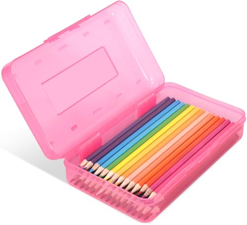 Colored Plastic Pencil Box, Large Capacity Pencil Case, Pencil Boxs for Kids Adults, Hard Crayon Box Storage with Snap-Tight Lid for School Office Supplies (Pink) - color: Pink