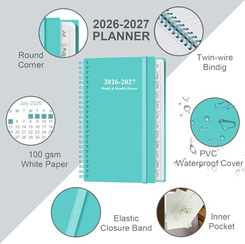 2026-2027 Pocket Planner/Calendar - 2026-2027 Planner from July 2026 - June 2027, Planner 26-27 with 12 Tabs, Twin-Wire Binding, Inner Pocket, 3.75" x 6.75, Teal - color: Teal, size: 3.75" x 6.75"