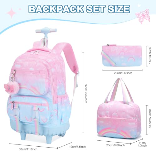 Scothen Rolling Backpack for Girls, 3PCS Roller School Backpacks for Girls with Lunch Bag and Pencil Pouch, Kids Bookbag Schoolbag with Wheels for Teen Girl Kindergarten Elementary Middle School - color: Pink Blue