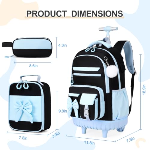 DIGOBAY Rolling Backpack for Girls, Cute Roller School Bag with Wheels, Kids Wheeled Backpacks Set with Lunch Bag Pencil Case for Teen Girls Kindergarten Elementary Middle School - color: Black-blue
