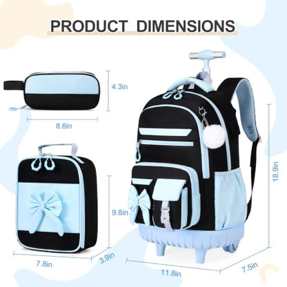 DIGOBAY Rolling Backpack for Girls, Cute Roller School Bag with Wheels, Kids Wheeled Backpacks Set with Lunch Bag Pencil Case for Teen Girls Kindergarten Elementary Middle School - color: Black-blue