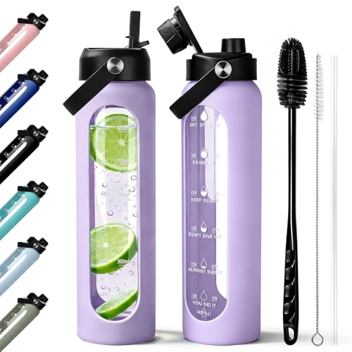 Aqulea 32 oz Glass Water Bottle with 2 Lids – Spout & Straw Lids, 1L Motivational Borosilicate Glass Water Bottle with Time Marker & Silicone Sleeve, Leakproof (Purple) - color: Purple, size: 32 Ounces