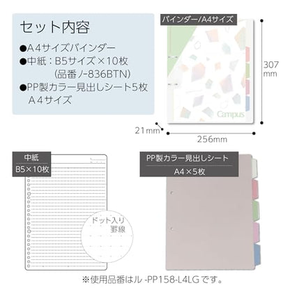 Kokuyo Campus Refillable Notebook, A4 Slim 2 Ring Binder Notebook with 5 Subject Dividers, 100 Sheets Capacity. Suitable for 30 Holes Loose Leaf Paper, Mineral Pistachio Green (Le-PP158-L4LG) - color: Pistachio Green, size: A4