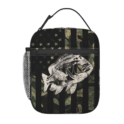 Fishing Camouflage American Flag Bass Lunch Box, Portable Insulated Lunch Bag with Detachable Handle,Reusable Lunchbox for Boys Girls Men Women Adults - color: Fishing Camouflage