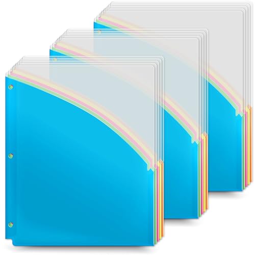 Dunwell Plastic Binder Pocket 3 Hole Punched (3 Sets, 15 Count) Slash File Jackets for 8.5x11 Paper, Project Sleeves for 3 Ring Binder, No Tab, 5 Color Dividers with Front & Back Pockets