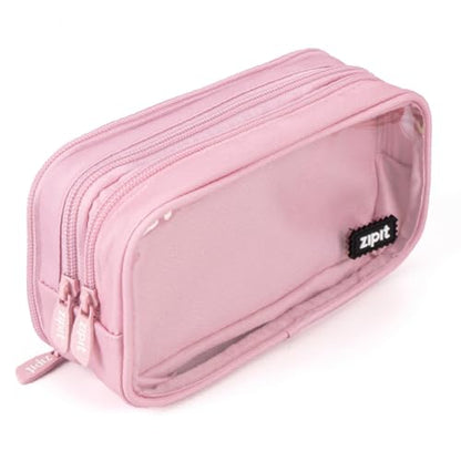 ZIPIT Half & Half Pencil Case for Girls, Aesthetic 3 Compartment Zipper Pouch for School, Stationery Bag for Teen and Adults, Pink - color: Light Pink