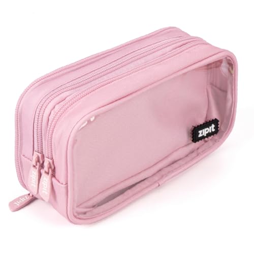 ZIPIT Half & Half Pencil Case for Girls, Aesthetic 3 Compartment Zipper Pouch for School, Stationery Bag for Teen and Adults, Pink - color: Light Pink