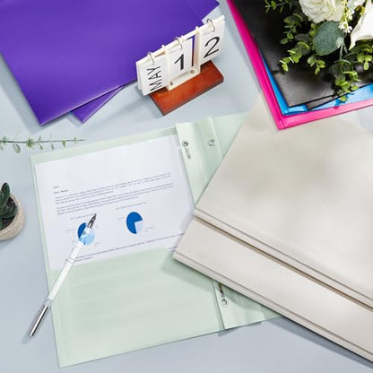 Cholemy 72 Packs Pocket Folders with Prongs Heavy Duty Plastic Folder with Business Card Slot 3 Prong Fasteners for School Office (Soft) - color: Soft