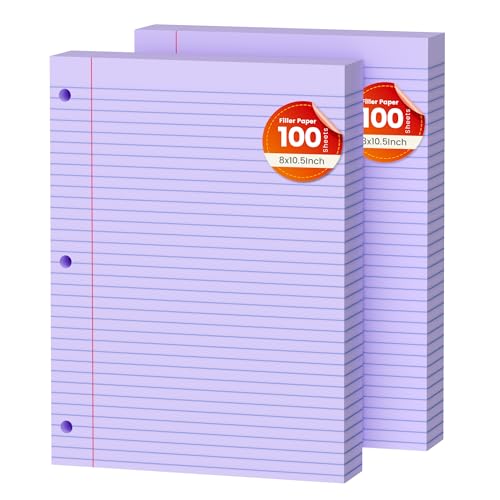 Purple Loose Leaf Paper 200 Sheets Colored Filler Paper 2 Pack 8 * 10.5 College Ruled Paper 3-Hole Punched Paper for 3-Ring Binders Notebook Lined 8" x 10.5" - color: Purple 2 Pack