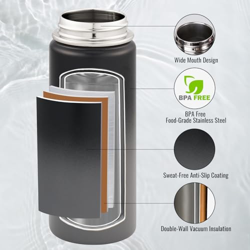Fijinhom Insulated Water Bottle with Handle, 304 Stainless Steel Water Bottles with Wide Mouth, Double Wall Vacuum Sports Water Bottle, BPA Free, Keep Cold and Hot, 18 Ounces, Black/Gray - color: Black/Gray, size: 18 Ounces