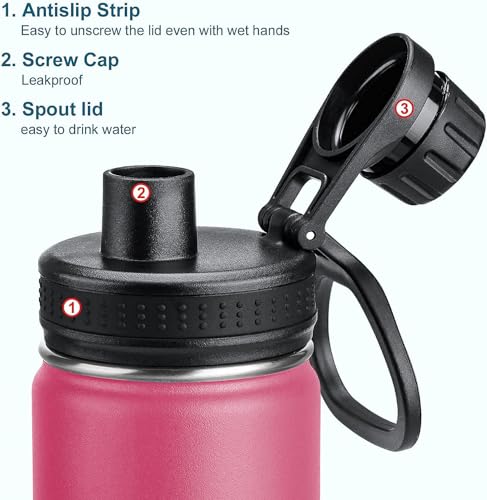 koodee Kids 16oz Stainless Steel Vacuum Insulated Water Bottle for Back to School Wide Mouth Flask with Leakproof Spout Lid (Pink Red) - color: Pink Red, size: 16 Ounces
