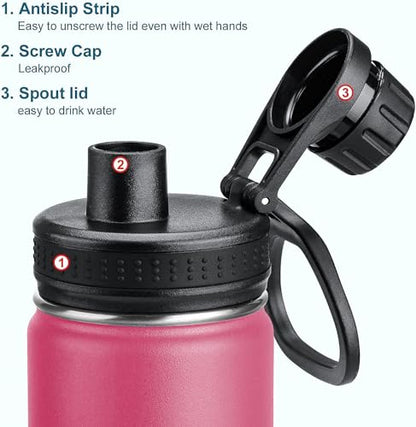 koodee Kids 16oz Stainless Steel Vacuum Insulated Water Bottle for Back to School Wide Mouth Flask with Leakproof Spout Lid (Pink Red) - color: Pink Red, size: 16 Ounces