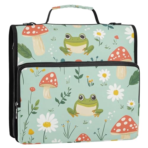 Cute Cartoon Pattern with Frogs Mushrooms and Daisy 3 D-Ring 2 inch Zipper Binder Bag with Shoulder Strap, Multi-Pocket Portfolio Organizer Case for 13 Inch Laptop Middle School - color: Cute Cartoon Pattern Frogs Mushrooms and Daisy