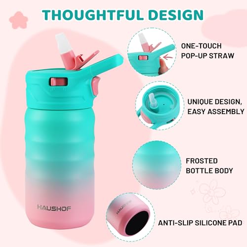 HAUSHOF Kids Water Bottle 12 oz BPA-free with Straw and Stickers, Stainless Steel Vacuum Double Wall Insulated cup with Leak Proof for school, Gift, Girls (Green and Pink) - color: Green and Pink(1 Pack)