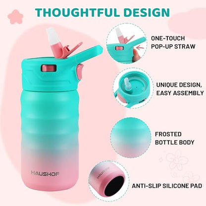 HAUSHOF Kids Water Bottle 12 oz BPA-free with Straw and Stickers, Stainless Steel Vacuum Double Wall Insulated cup with Leak Proof for school, Gift, Girls (Green and Pink) - color: Green and Pink(1 Pack)