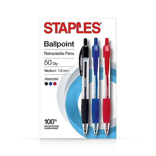 STAPLES Retractable Ballpoint Pens with Grip, Medium Point 1.0mm, Assorted Ink Colors, 50 Pack – Bulk Comfortable Writing Pens for Offices & Classrooms