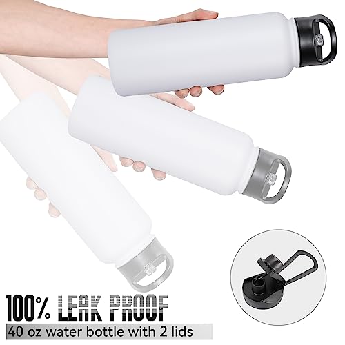 40 oz Insulated Water Bottle with Straw, Stainless Steel Sports Water Bottles with 2 Lids (Straw and Wide Mouth lid), Double Wall Vacuum, Leakproof, BPA-Free, White - color: White, size: 40 Ounces