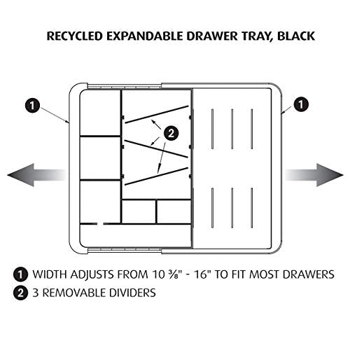 Officemate Expandable Drawer Organizer Tray, Adjustable 10.3"–16" Width, Customizable Compartments with Dividers, Recycled Plastic, Black