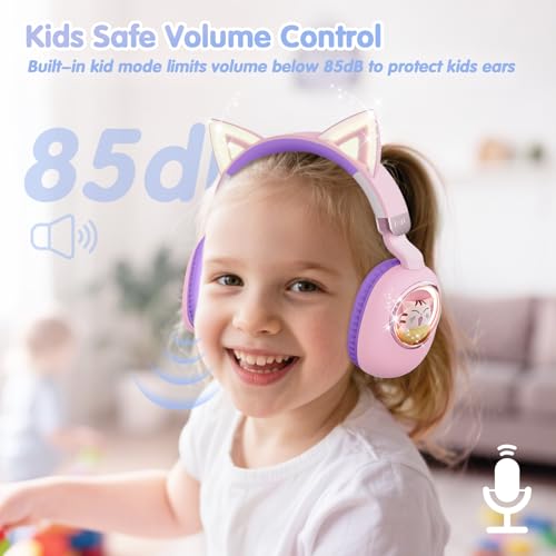 Kids Headphones Bluetooth 5.4 - Cat Ear LED Light Up Noise Cancelling Wireless Headphones with Mic, 85dB Volume Limited, Wired & Wireless Mode for Travel/School/iPad - color: Pink Purple