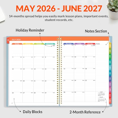 SUNEE Teacher Planner 2026-2027 Academic Year, Lite Lesson Planner Book with 7 Periods Jul 2026 - Jun 2027, 8.5"x11" Daily Weekly and Monthly Organizers, Plan Book with Pocket Folder, Color Tabs,Blue - color: Blue