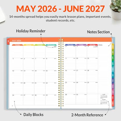 SUNEE Teacher Planner 2026-2027 Academic Year, Lite Lesson Planner Book with 7 Periods Jul 2026 - Jun 2027, 8.5"x11" Daily Weekly and Monthly Organizers, Plan Book with Pocket Folder, Color Tabs,Blue - color: Blue