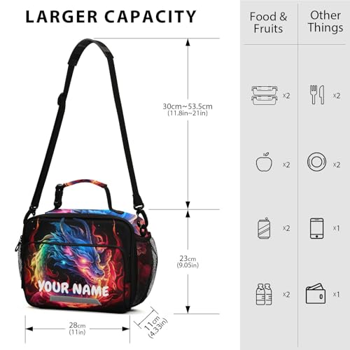 Cutom Name Kids Lunch Box Insulated Lunch Bags Cooler Tote Bag with Removable Shoulder Strap for Boy Girl Student 20847438-C - color: Cutom NameRainbow Flame Dragon