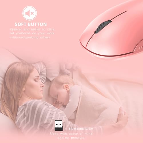 ONE-UP Wireless Mouse, 2.4G, Bluetooth5.0/3.0, Sound and Quiet Click, USB Nano Receiver, for Laptop, Chromebook, PC, Mac, Windows (Pink)