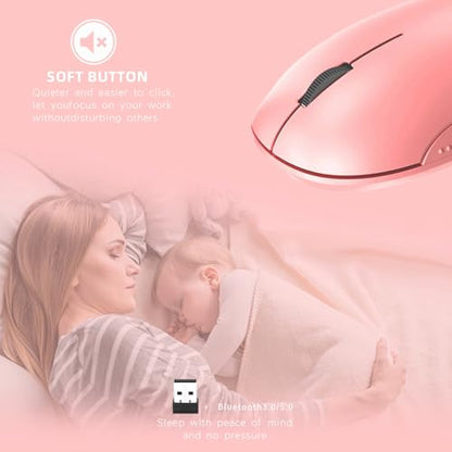 ONE-UP Wireless Mouse, 2.4G, Bluetooth5.0/3.0, Sound and Quiet Click, USB Nano Receiver, for Laptop, Chromebook, PC, Mac, Windows (Pink)